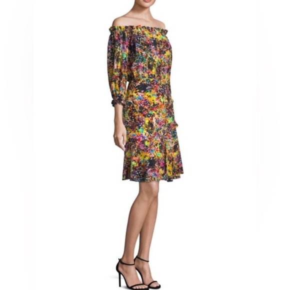 Saloni Grace Mini‎ Dress in Golden Elixir Off Shoulder Colorful Splatter Floral - Picture 1 of 13